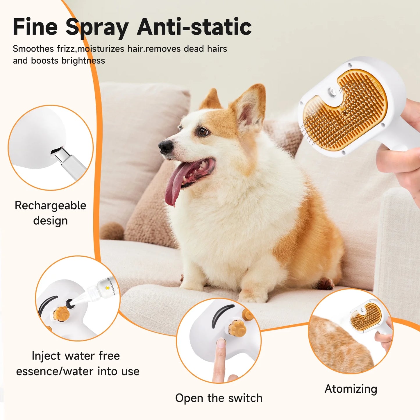 Pet Steam Brush for Dog & Cat - 3-In-1 Steam Grooming Brush for Shedding & Hair Removal - Self Cleaning Spray Comb with Mist for Long Haired Pets