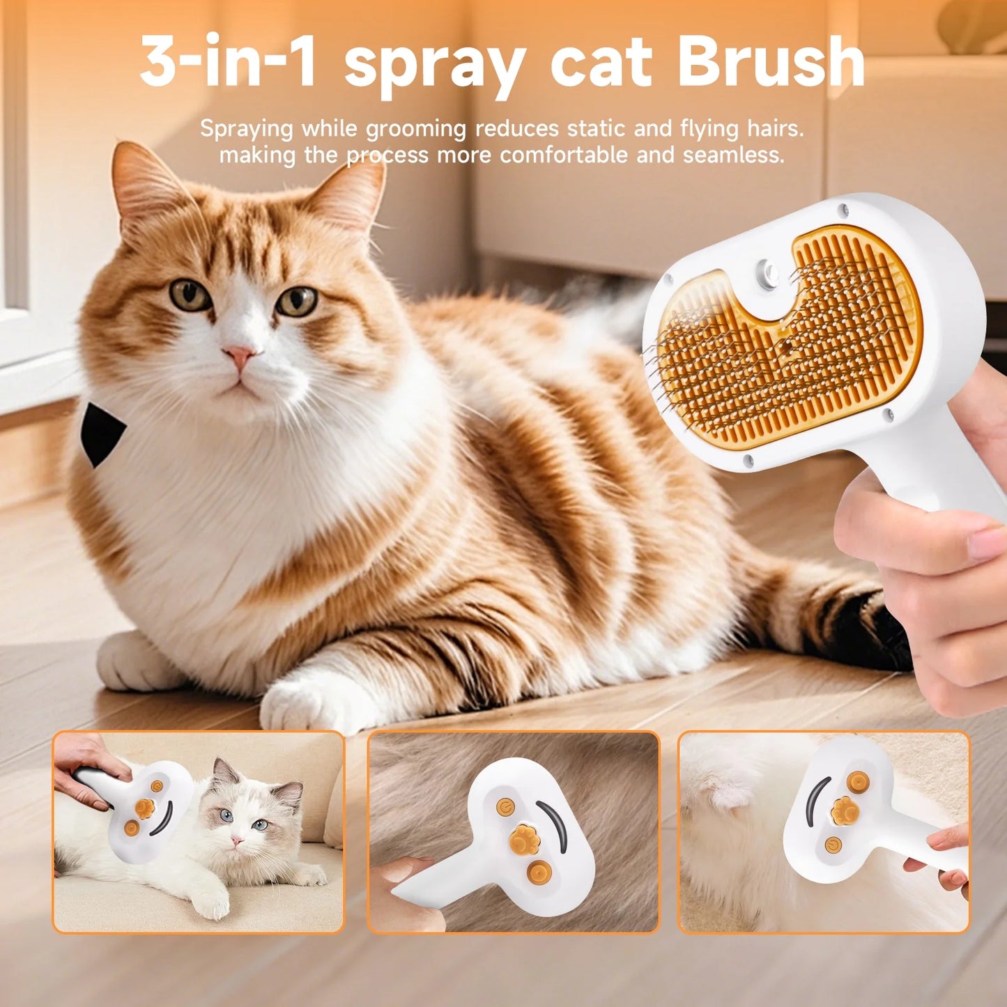 Pet Steam Brush for Dog & Cat - 3-In-1 Steam Grooming Brush for Shedding & Hair Removal - Self Cleaning Spray Comb with Mist for Long Haired Pets