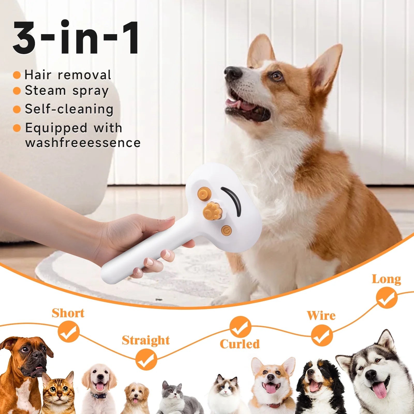 Pet Steam Brush for Dog & Cat - 3-In-1 Steam Grooming Brush for Shedding & Hair Removal - Self Cleaning Spray Comb with Mist for Long Haired Pets